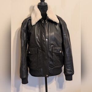 NWOT Quince Black Leather Aviator Jacket Cream Shearling Collar Oversized Small